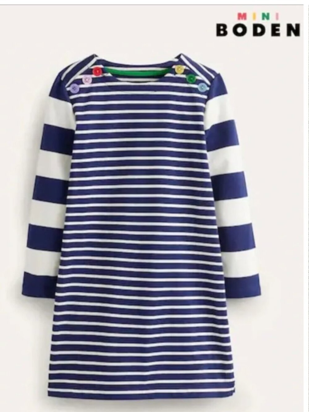 Boden Fun Breton Dress Sapphire Blue/Ivory, 2 - 3 Stripes